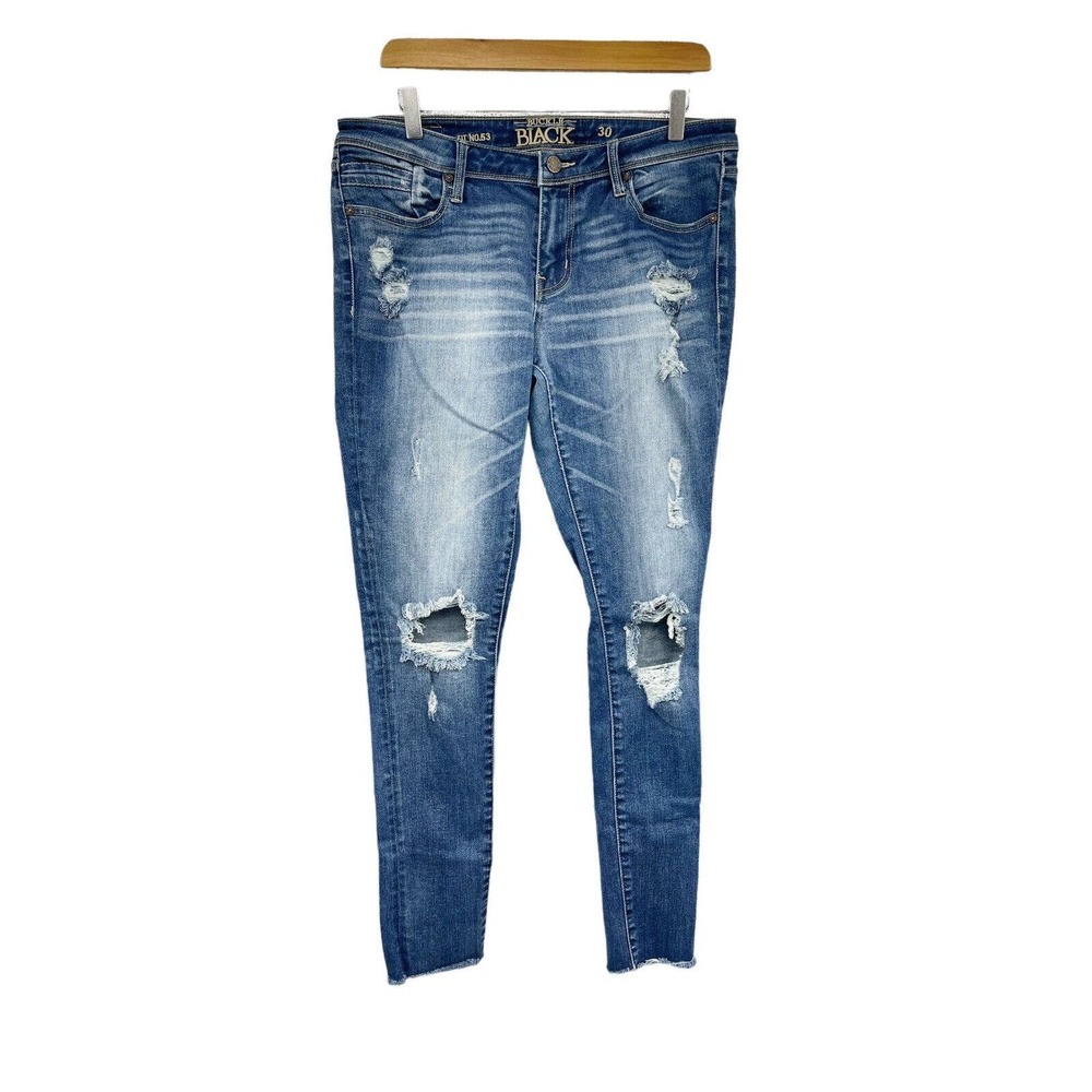 Buckle Black Womens Distressed Skinny Jeans Mid Rise Denim Blue Fit 53 30x32